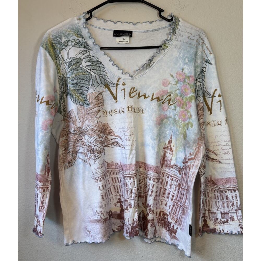 Impulse Californai White Vtg Vienna XL Ruffle Hem Graphic Shirt Fairy Grunge Y2K